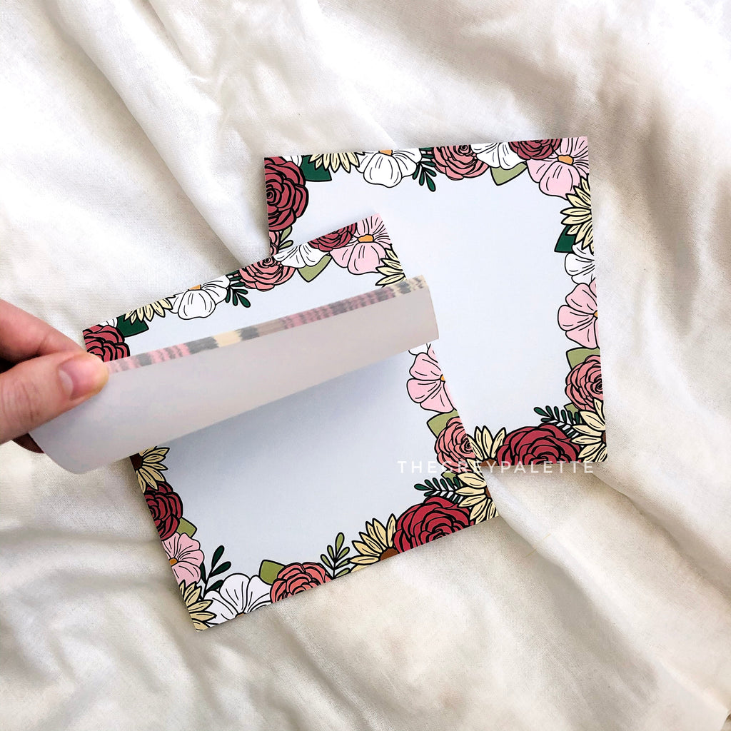 Large blue floral notepad. 5.5 x 5.5 inches with 25 matte pages. Floral notepad is perfect for jotting down notes and reminders, to-do lists, grocery lists, and more