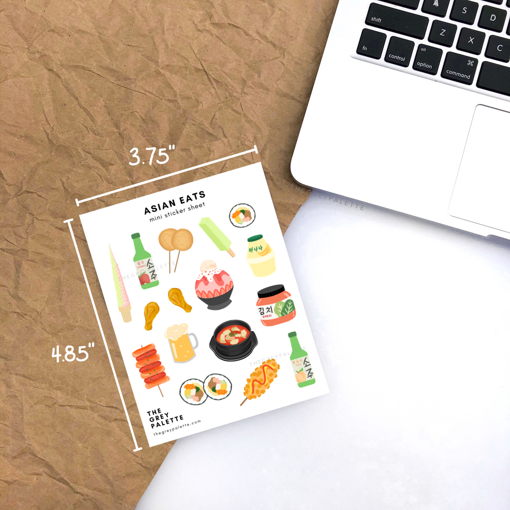 Colourful Asian food sticker sheet. 3.75 x 4.85 inches with 12 positive self-love affirmation stickers. Matte and non-waterproof. Asian food stickers are perfect for bullet journals, planners, and notebooks.