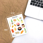 Load image into Gallery viewer, Colourful Asian food sticker sheet. 3.75 x 4.85 inches with 12 positive self-love affirmation stickers. Matte and non-waterproof. Asian food stickers are perfect for bullet journals, planners, and notebooks.
